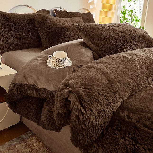 Coffee Luxury Thick Plush 4 Piece Bedding Set for 1.5m & 1.8m Beds Winter Ultra V888-ELOSUNG52489