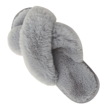 Cozy Winter Home Essentials Set - Grey 1 Pair Women's Plush Cross Band Faux Fur Slippers S Size & 2 Pairs Cute Teddy Bear Fuzzy Socks Set, Warm Indoor Lounge Gift Bundle with Non-Slip House Slides