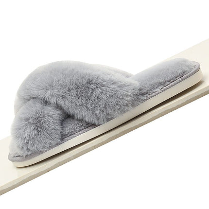 Cozy Winter Home Essentials Set - Grey 1 Pair Women's Plush Cross Band Faux Fur Slippers XL Size & 2 Pairs Cute Teddy Bear Fuzzy Socks Set, Warm Indoor Lounge Gift Bundle with Non-Slip House Slides