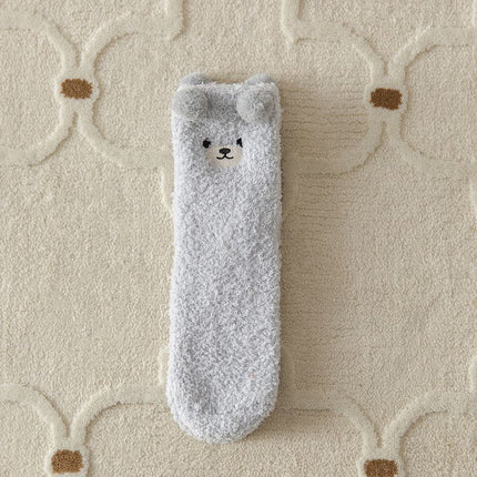Cozy Winter Home Essentials Set - Grey 1 Pair Women's Plush Cross Band Faux Fur Slippers XL Size & 2 Pairs Cute Teddy Bear Fuzzy Socks Set, Warm Indoor Lounge Gift Bundle with Non-Slip House Slides
