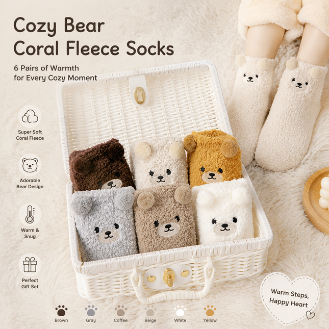 6 Pair Cute Teddy Bear Fuzzy Crew Socks Set Coral Fleece Plush Winter Sleeping Socks V888-ELOSUNG52499