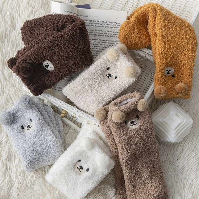 6 Pair Cute Teddy Bear Fuzzy Crew Socks Set Coral Fleece Plush Winter Sleeping Socks – product detail