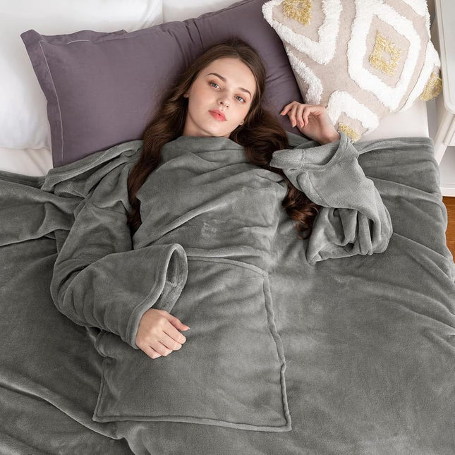 Dark Grey 180 x 120CM Extra Large Wearable Wrap Blanket with Sleeves and Large Pocket – product detail