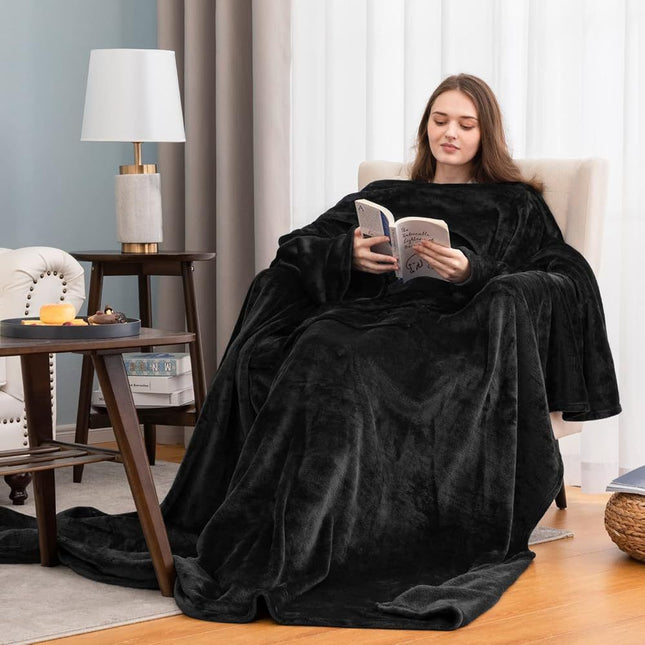 Black 180 x 120CM Extra Large Wearable Wrap Blanket with Sleeves and Large Pocket Cozy V888-ELOSUNG52501