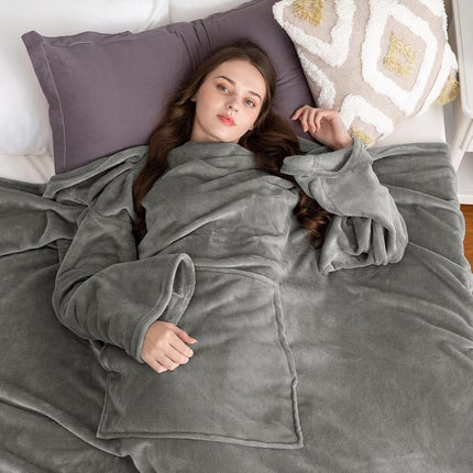 Black 180 x 120CM Extra Large Wearable Wrap Blanket with Sleeves and Large Pocket, Cozy Thickened Flannel Oversized TV Blanket Robe and Sofa Throw for Home Lounging