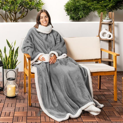 Grey 180 x 120CM Extra Large Wearable Wrap Blanket with Sleeves and Large Pocket, Cozy Thickened Composed Flannel Sherpa Fleece Oversized TV Blanket Robe and Sofa Throw for Home Lounging