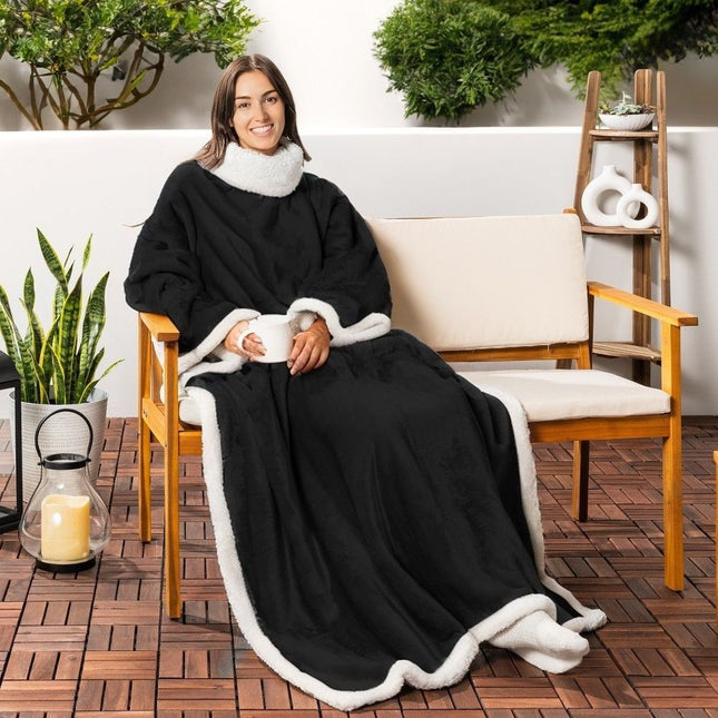 Black 180 x 120CM Extra Large Wearable Wrap Blanket with Sleeves and Large Pocket Cozy V888-ELOSUNG52505