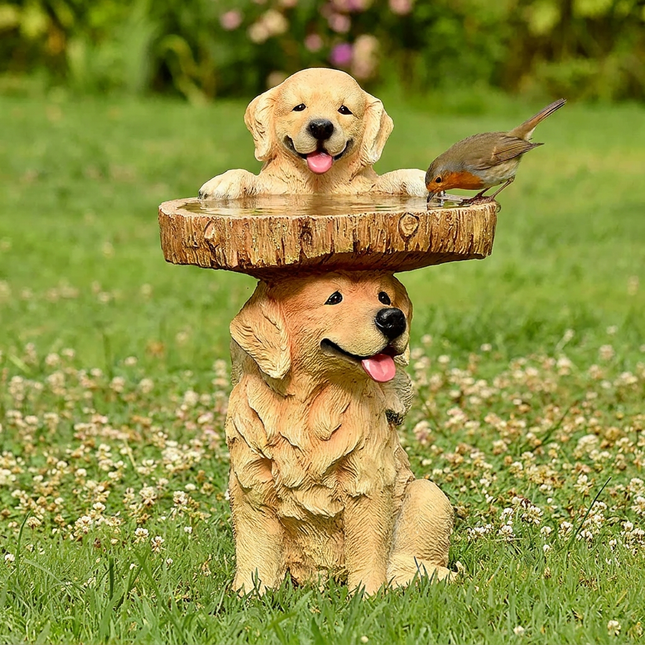 Resin Bird Bath Feeder Garden Ornament with Dog Design Tree Stump Decorative Outdoor Bird Feeder for Patio