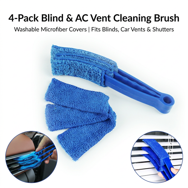 4 Pack Blue Shutter and Car AC Vent Cleaner Brush with Washable Microfiber Cleaning Cloth