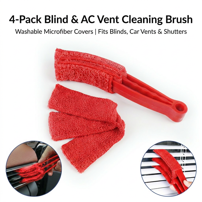 4 Pack Red Shutter and Car AC Vent Cleaner Brush with Washable Microfiber Cleaning Cloth