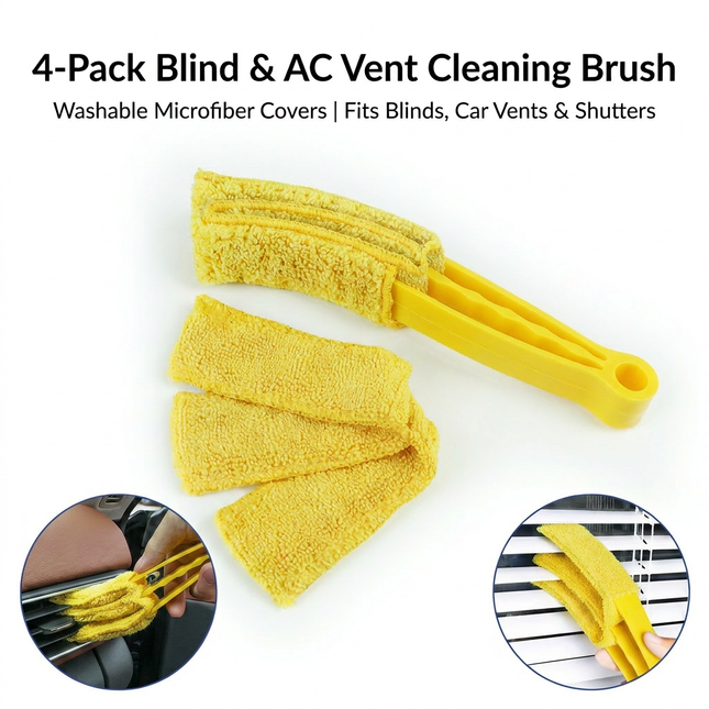4 Pack Yellow Shutter and Car AC Vent Cleaner Brush with Washable Microfiber Cleaning Cloth