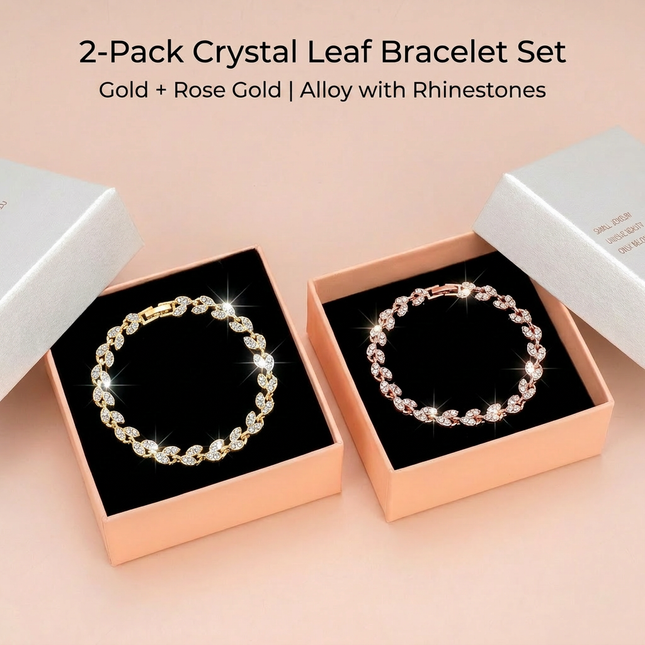 2 Pack Gold and Rose Gold Women's Crystal Leaf Bracelets with Gift Box Elegant Rhinestone