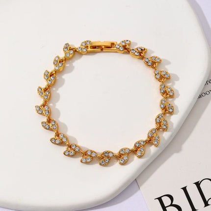2 Pack Gold and Rose Gold Women's Crystal Leaf Bracelets with Gift Box – Elegant Rhinestone Alloy Link Bracelet, Minimalist Fashion Jewelry Gift for Women