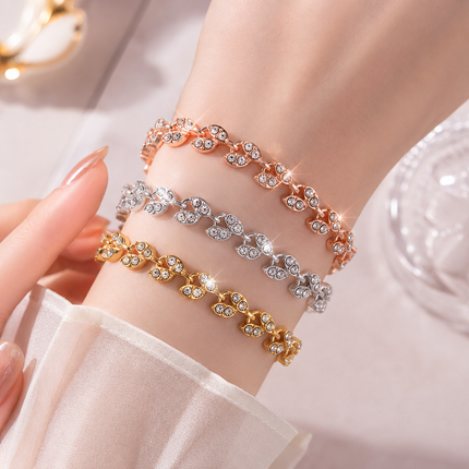 2 Pack Gold and Rose Gold Women's Crystal Leaf Bracelets with Gift Box – Elegant Rhinestone Alloy Link Bracelet, Minimalist Fashion Jewelry Gift for Women