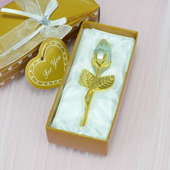 2 Set of White Crystal Rose Flower with Gold Gift Box and Gold Plated Stem V888-ELOSUNG52531