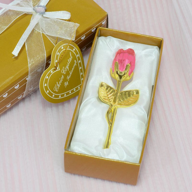 2 Set of Pink Crystal Rose Flower with Gold Gift Box and Gold Plated Stem V888-ELOSUNG52533