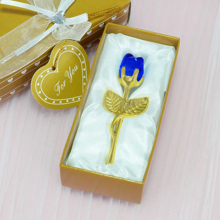 2 Set of Blue Crystal Rose Flower with Gold Gift Box and Gold Plated Stem Leaf – Elegant Crystal & Metal Rose Ornament | Wedding Party Gift, Valentine's Day & Anniversary Keepsake