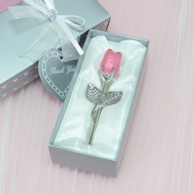 2 Set of Pink Crystal Rose Flower with Silver Gift Box and Silver Plated Stem V888-ELOSUNG52538