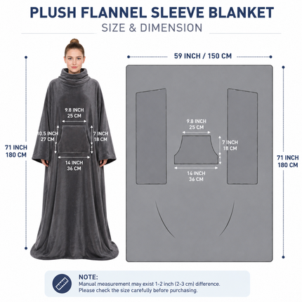 Winter Cozy Warm Loungewear Gift Set – 150 x 180CM Dark Grey Flannel Fleece Wearable Blanket with Adjustable Sleeves Large Front Pocket and Back Velcro Closure, Free M Size Sherpa Fleece Cable Knit Anti-Slip Slipper Socks for Home Relaxation