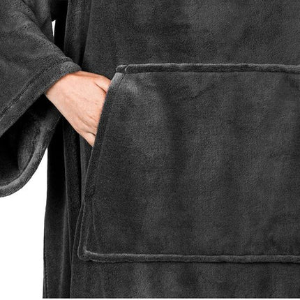 Winter Cozy Warm Loungewear Gift Set – 150 x 180CM Dark Grey Flannel Fleece Wearable Blanket with Adjustable Sleeves Large Front Pocket and Back Velcro Closure, Free M Size Sherpa Fleece Cable Knit Anti-Slip Slipper Socks for Home Relaxation