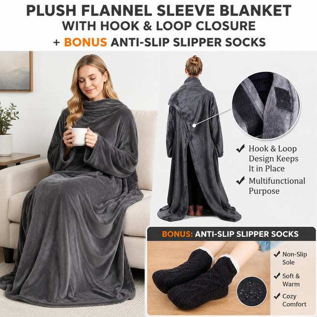 Winter Cozy Warm Loungewear Gift Set 150 x 180CM Dark Grey Flannel Fleece Wearable Blanket