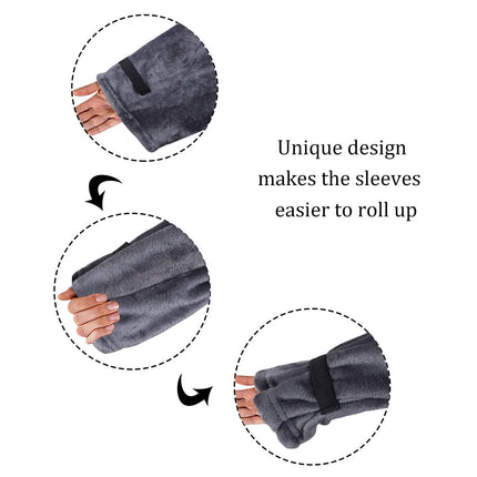 Winter Cozy Warm Loungewear Gift Set – 150 x 180CM Dark Grey Flannel Fleece Wearable Blanket with Adjustable Sleeves Large Front Pocket and Back Velcro Closure, Free L Size Sherpa Fleece Cable Knit Anti-Slip Slipper Socks for Home Relaxation