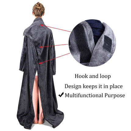 Winter Cozy Warm Loungewear Gift Set – 170 × 200CM Dark Grey Flannel Fleece Wearable Blanket with Adjustable Sleeves Large Front Pocket and Back Velcro Closure, Free M Size Sherpa Fleece Cable Knit Anti-Slip Slipper Socks for Home Relaxation