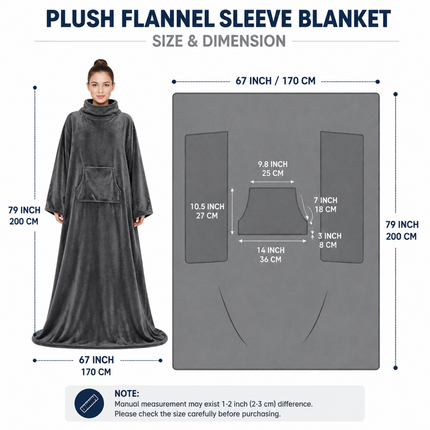 Winter Cozy Warm Loungewear Gift Set – 170 × 200CM Dark Grey Flannel Fleece Wearable Blanket with Adjustable Sleeves Large Front Pocket and Back Velcro Closure, Free L Size Sherpa Fleece Cable Knit Anti-Slip Slipper Socks for Home Relaxation