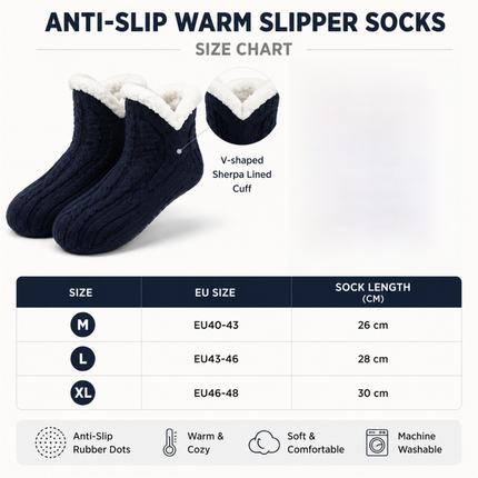 Winter Cozy Warm Loungewear Gift Set – 150 x 180CM Navy Blue Flannel Fleece Wearable Blanket with Adjustable Sleeves Large Front Pocket and Back Velcro Closure, Free L Size Sherpa Fleece Cable Knit Anti-Slip Slipper Socks for Home Relaxation
