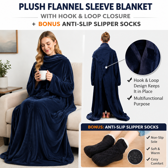 Winter Cozy Warm Loungewear Gift Set 170 x 200CM Navy Blue Flannel Fleece Wearable Blanket