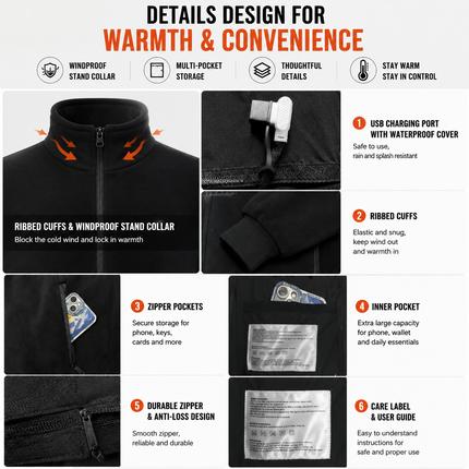3XL Size Winter USB Heated Windproof Soft Fleece Warm Jacket for Men and Women – 8 Zones Graphene & Carbon Fiber Fast Heating Coat with Front & Back Dual-Control Button and 3 Level Heating, Washable Design, Muti Pockets, Ribbed Cuff & Stand Collar