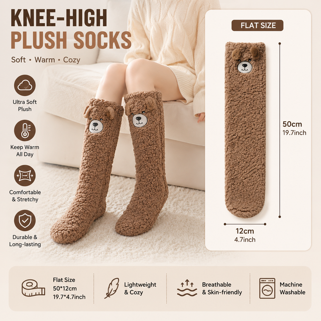 Coffee Winter Women s Cute Bear Plush Knee High Slipper Socks Warm Fleece Floor Socks and Sleeping Socks
