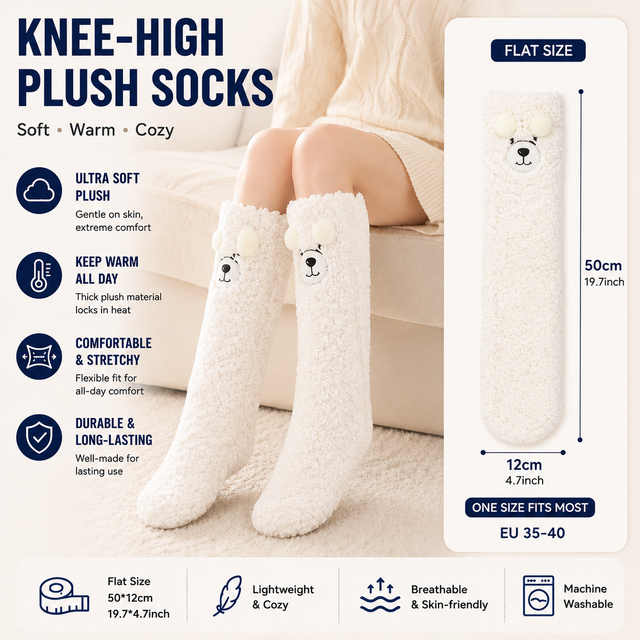 White Winter Women s Cute Bear Plush Knee High Slipper Socks Warm Fleece Floor Socks and Sleeping Socks
