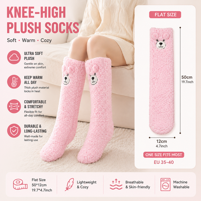 Pink Winter Women s Cute Bear Plush Knee High Slipper Socks Warm Fleece Floor Socks and Sleeping Socks with