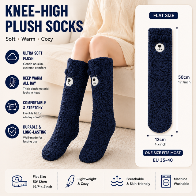 Navy Blue Winter Women s Cute Bear Plush Knee High Slipper Socks Warm Fleece Floor Socks and Sleeping Socks