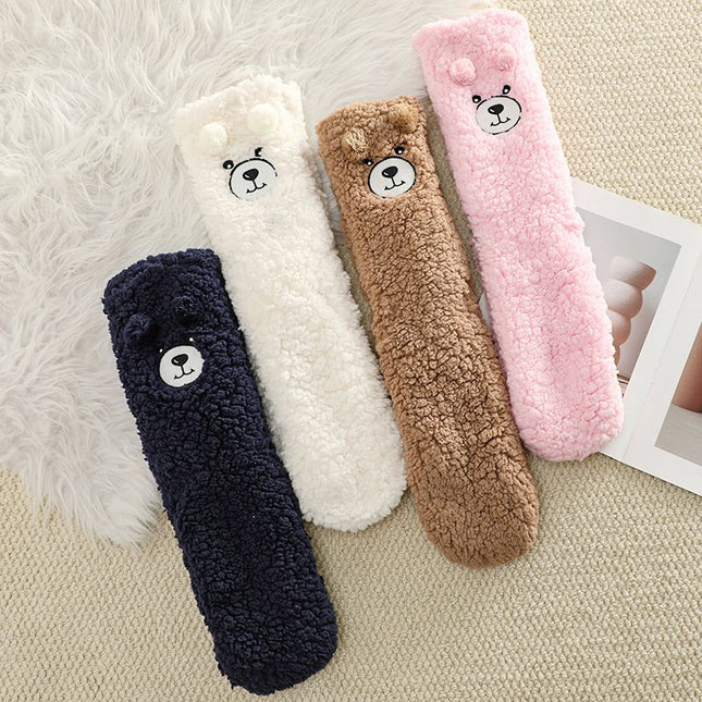Navy Blue Winter Women s Cute Bear Plush Knee High Slipper Socks Warm Fleece Floor Socks and Sleeping – product detail