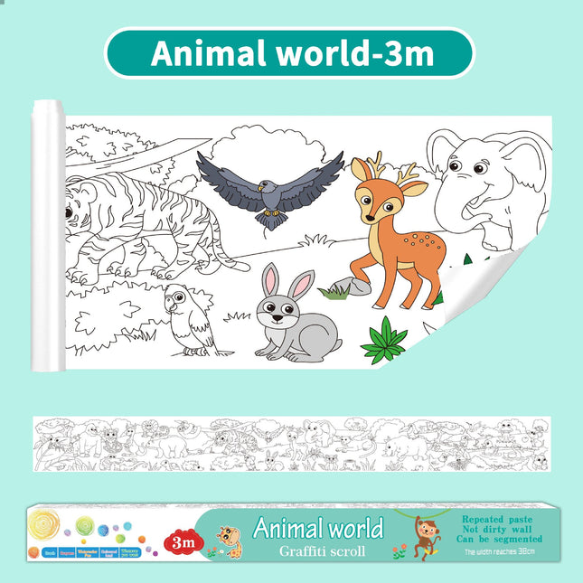 3M Extra Long Reusable Coloring Paper Roll Animal World Theme Self-Adhesive Wall Coloring Poster and