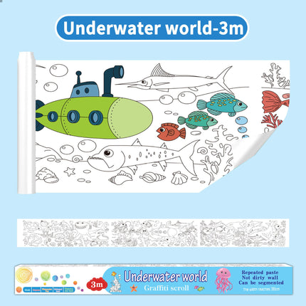 3M Extra Long Reusable Coloring Paper Roll, Ocean World Theme Self-Adhesive Wall Coloring Poster and DIY Cuttable Drawing Craft Paper Scroll with Gift Box