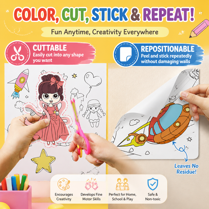 3M Extra Long Reusable Coloring Paper Roll, Dinosaur Park Theme Self-Adhesive Wall Coloring Poster and DIY Cuttable Drawing Craft Paper Scroll with Gift Box