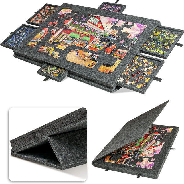 Dark Grey Foldable Anti-Slip Felt Jigsaw Puzzle Board with 6 Sorting Drawers Lightweight 1000