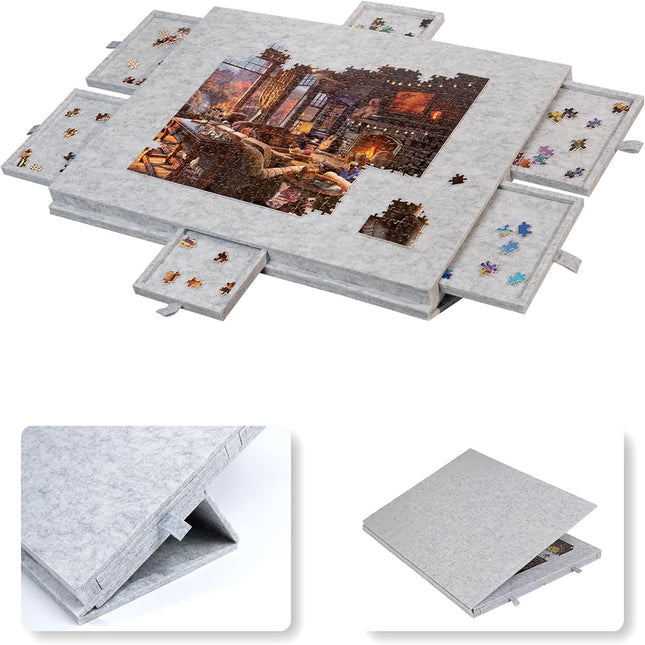 Silver Grey Foldable Anti-Slip Felt Jigsaw Puzzle Board with 6 Sorting Drawers Lightweight 1000