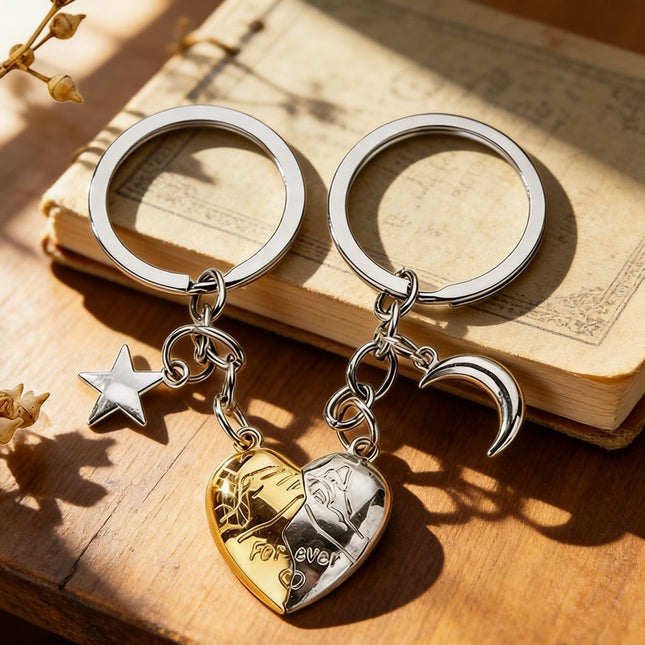 Silver & Gold Magnetic Matching Split Heart Zinc Alloy Keychain Set for Couples Detachable Love