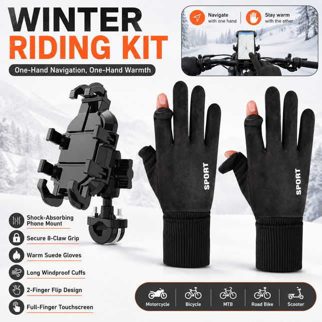 2-Piece Winter Riding Essentials Set with 8 Claw Secure Grip Bike Phone Mount and Suede V888-ELOSUNG52589