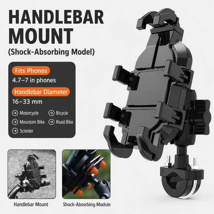 Black Secure Grip Anti-Shock Bike Phone Mount - 360° Rotating Adjustment, 8-Claw Locking Universal Handlebar Navigation Holder for Motorcycle MTB & Road Cycling (Fits 4.7–7" Phones)