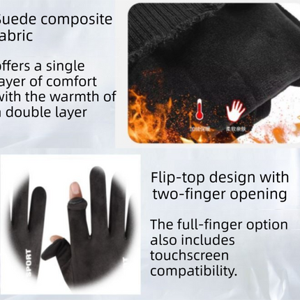 Black Winter Suede Touchscreen Flip-Top Gloves with Extended Cuff Design and Silicone Anti-Slip Palm – Windproof Thickened Thermal Riding Gloves for Motorcycle Driving and MTB Road Cycling