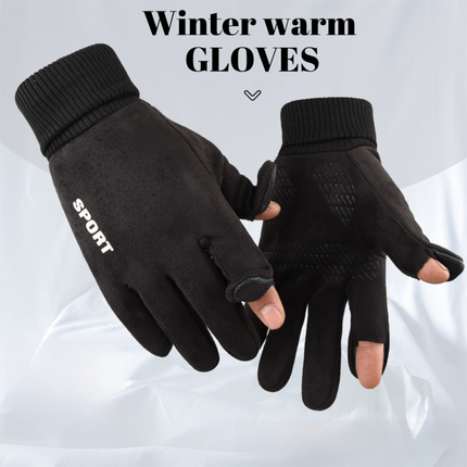 Grey Winter Suede Touchscreen Flip-Top Gloves with Extended Cuff Design and Silicone Anti-Slip Palm – Windproof Thickened Thermal Riding Gloves for Motorcycle Driving and MTB Road Cycling