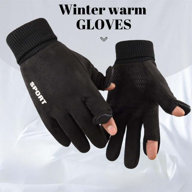 Khaki Winter Suede Touchscreen Flip-Top Gloves with Extended Cuff Design and Silicone Anti-Slip