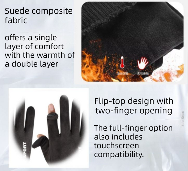 Khaki Winter Suede Touchscreen Flip-Top Gloves with Extended Cuff Design and Silicone Anti-Slip – product detail