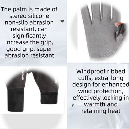 Khaki Winter Suede Touchscreen Flip-Top Gloves with Extended Cuff Design and Silicone Anti-Slip Palm – Windproof Thickened Thermal Riding Gloves for Motorcycle Driving and MTB Road Cycling