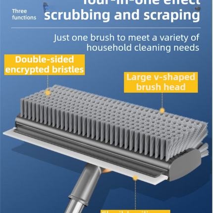 Grey and Orange 360°Rotating Detachable V-Shaped Floor Scrub Brush for Indoor & Outdoor Use – 3-in-1 Groove Corner Gap Cleaning Tool with Silicone Squeegee, 134CM Stainless Steel Telescopic Handle and Collection Clip